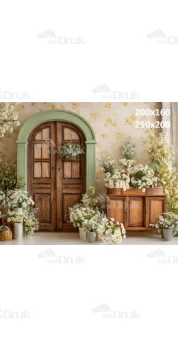 Tło fotograficzne „Rustykalne drzwi z rumiankami i drewnianą komodą” | E861